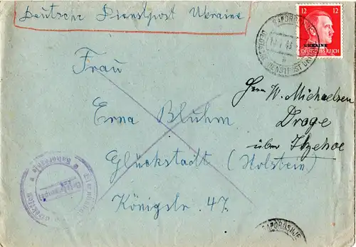 Dt. Dienstpost Ukraine, 12 Pf auf  Brief v. SAPOROSHJE m. Eisenbahn Briefstempel