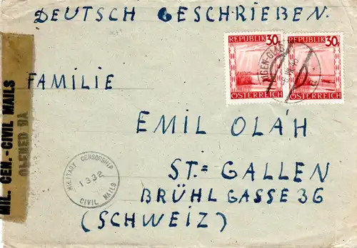 Österreich 1946, MeF 2x30 G. auf Zensur Brief v. AIGEN Salzburg i.d. Schweiz