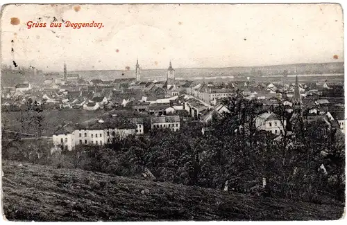 Gruss aus Deggendorf, 1909 gebr. sw-AK m. Gesamtansicht