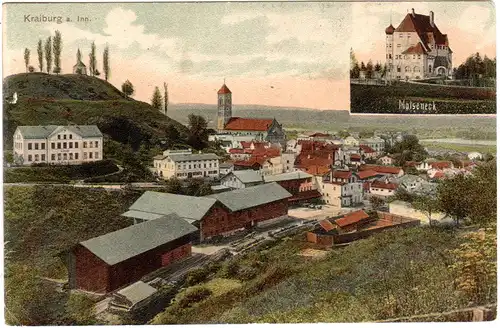 Kraiburg, Gesamtansicht u. Malseneck, 1911 gebr. Farb-AK
