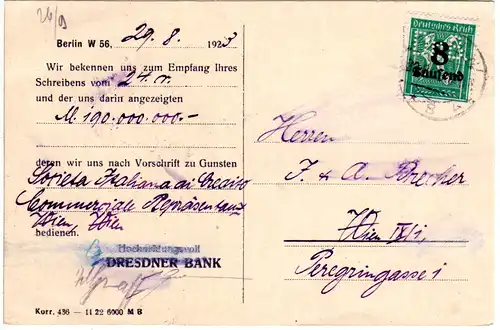DR 1923, 8 T./30 Pf. m. perfin Firmenlochung auf Bank Karte v. Berlin. Geprüft.