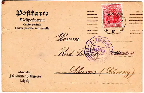 DR 1919, 10 Pf. m. perfin Firmenlochung auf Firmen Karte v. Leipzig m. Zensur