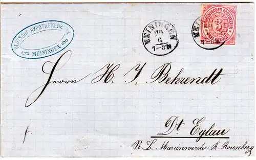 NDP, Taxis Fingerhutstpl. MEININGEN auf Brief m. 3 Kr. n. Dt. Eylau