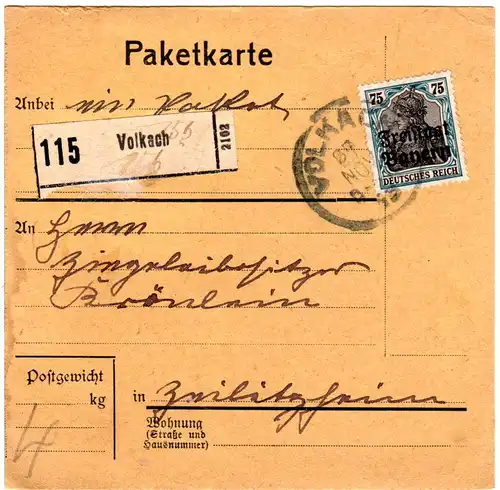 Bayern 1919, EF 75 Pf. Germania auf Paketkarte v. VOLKACH n. Zeilitzheim