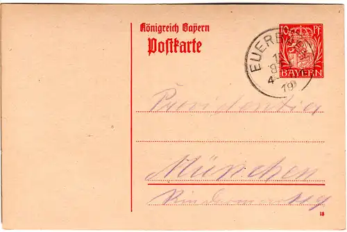 Bayern 1919, 10 Pf. Ganzsache m. Unterfranken-K1  EUERBACH