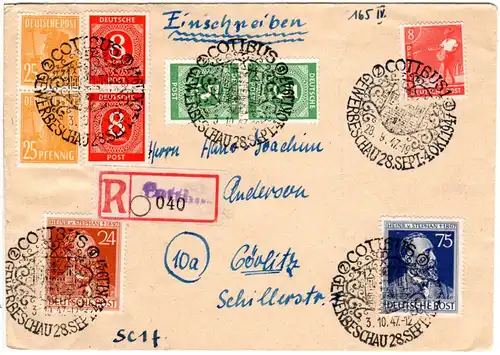 1947, 9 Marken auf Einschreiben Brief m. Sonderstpl. Cottbus Gewerbeschau