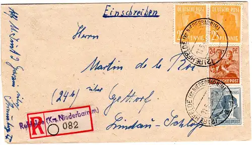 1948, 4 Marken auf Brief m. Not-Einschreiben-Zettel REHFELDE Krs. NIEDERBARNIM