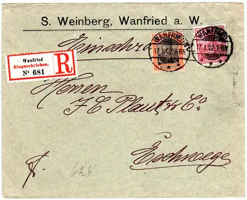 DR 1902, 10+30 Pf. Reichspost auf Einschreiben Brief v. WANFRIED n. Eschwege