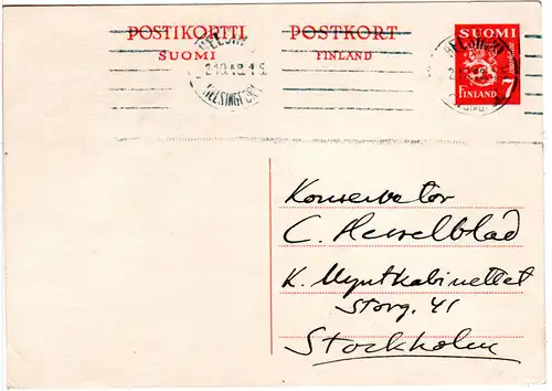 Finnland P 94, 7 Mk. Ganzsache, gebr. 1948 v. Helsinki n. Schweden 