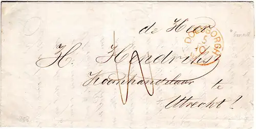 NL 1858, roter K1 DOESBORGH auf Portbrief m. rücks. Ankunftstpl. Utrecht