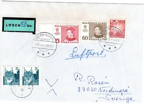 Grönland 1978, 3 Marken auf Lösen-Brief m. Schweden 2x25 öre als Portomarken