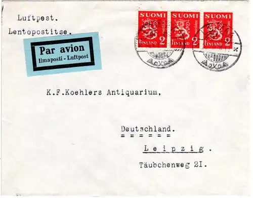 Finnland 1938, MeF 3x2 MK. auf Flugpost Brief v. LOIMAA n. Leipzig