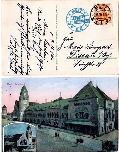 Frankreich, Metz Bahnhof, 1916 gebr. Farb-AK m. Zensur