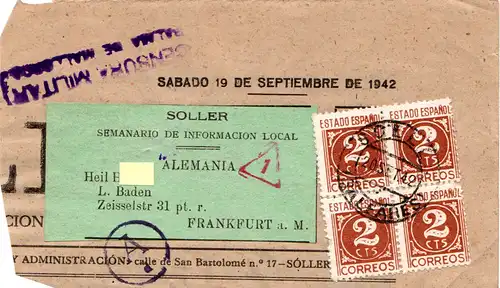 Spanien 1942, 4er-Block 2 C. auf Zeitungsteil m. Zensur v. SOLER  n. Deutschland