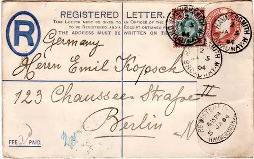 GB 1904, 4d Zusatzfr. auf Einschreiben Ganzsache Brief n. Deutschland