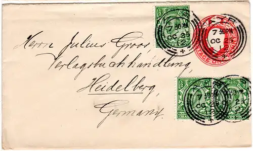GB 1912, 3x1/2d Zusatzfr. auf 1d Ganzsache Brief v. AYR n.Deutschland