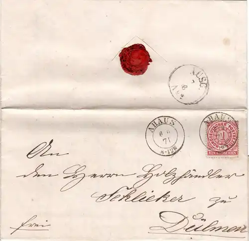 NDP 1871, K2 AHAUS klar auf Brief m. 1 Gr. n. Dülmen