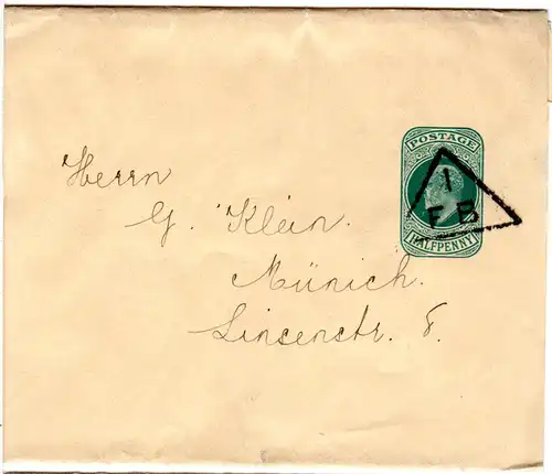 GB 1903, 1/2d Streifband Ganzsache m. Drucksachenstpl. n. Bayern. Ank.Stpl. rs.