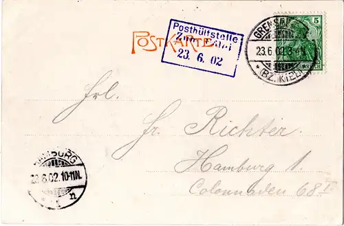 DR 1902, Posthilfstelle zum Uglei auf AK m. 5 Pf. Germania u. Stpl. Gremsmühlen