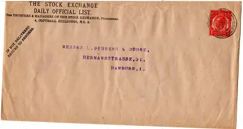 GB 1924, großformatige 1d Stock Exchange Streifband Ganzsache gebr. v. London