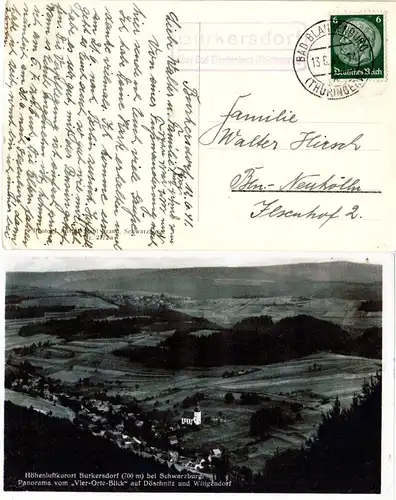 DR 1941, Landpost Stpl. BURKERSDORF über Bad Blankenburg auf sw-AK m. 6 Pf.