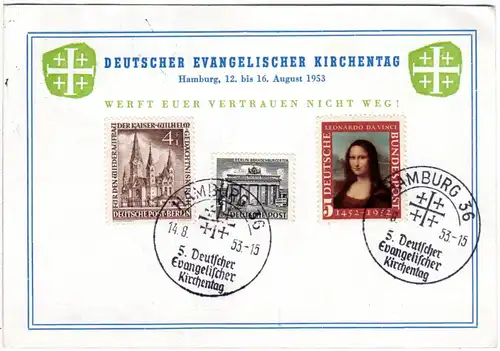 BRD 1953, 5. Dt. Evangelischer Kirchentag Hamburg, Ereigniskarte m. 3 Marken