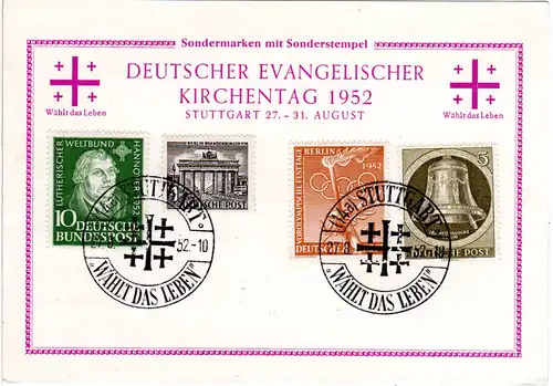 BRD 1952, Dt. Evangelischer Kirchentag Stuttgart, Ereigniskarte m. 4 Marken