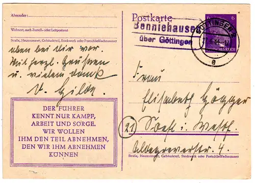 DR 1944, BENNIEHAUSEN über Göttingen, Landpost Stpl. auf Ganzsache