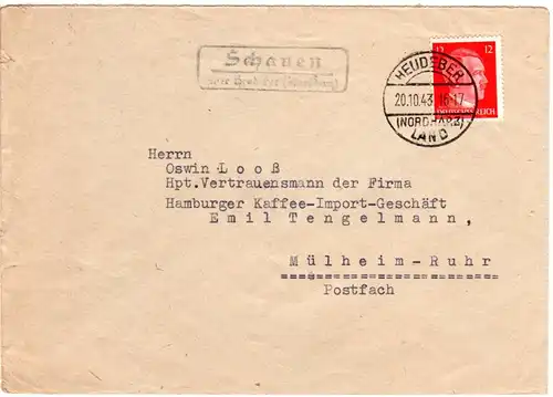 DR 1943, SCHAUEN über Heudeber (Nordharz), Landpost Stpl. auf Brief m. 12 Pf.