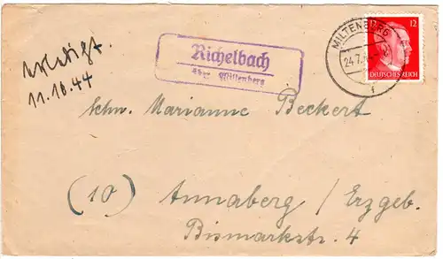 DR 1944, RICHELBACH über Miltenberg, Landpost Stpl. auf Brief m. 12 Pf.