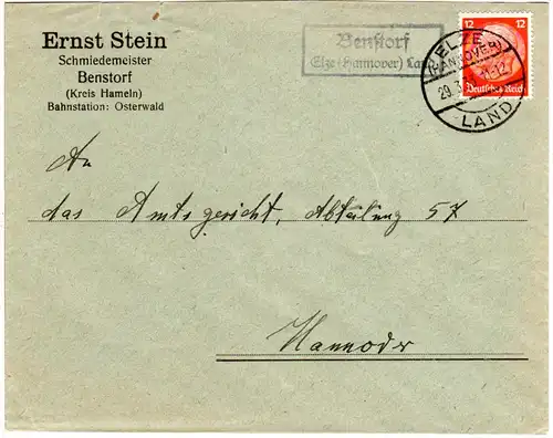 DR 1933, Benstorf Elze (Hannover) Land, Landpost Stpl. auf Brief m. 12 Pf.