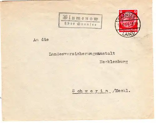 DR 1934, BLUMENOW über Gransee, Landpost Stpl. auf Brief m. 12 Pf.