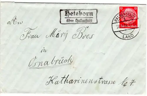 DR 1934, HETEBORN über Halberstadt, Landpost Stpl. auf Brief m. 12 Pf.