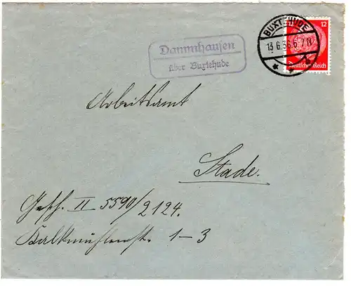 DR 1936, DAMMHAUSEN über Buxtehude, Landpost Stpl. auf Brief m. 12 Pf.