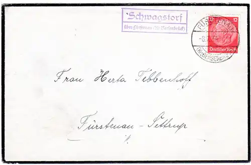 DR 1937, SCHWAGSTORF über Fürstenau (Kr. Bersenbrück), Brief m. Landpost Stpl.