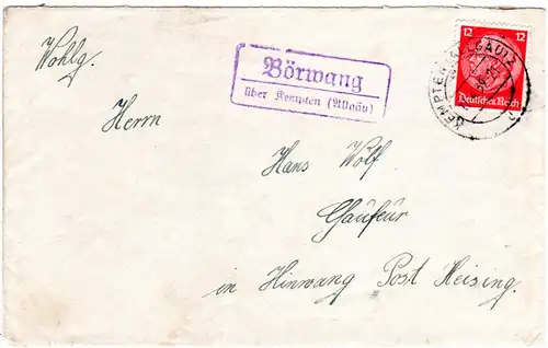 DR 1938, BÖRWANG über Kempten (Allgäu), Landpost Stpl. auf Brief m. 12 Pf.