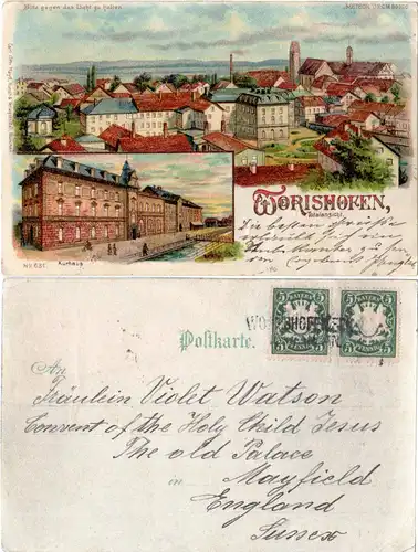 Wörishofen m. Kurhaus, m. Aushilfs-L2 n. GB gebr. Litho-AK 