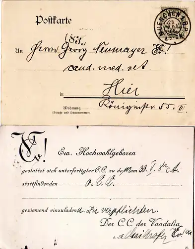 Bayern 1906, 2 Pf. auf Studentica Ortskarte der VANDALIA Verbindung