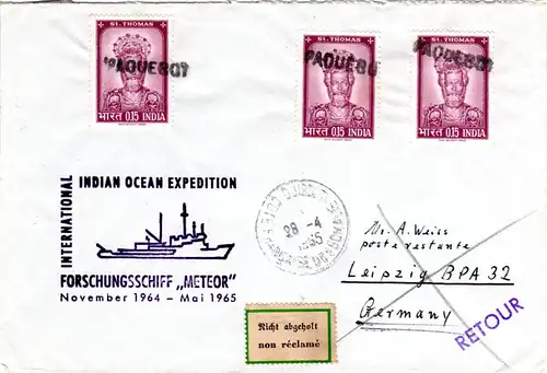 Indien 1965, 3 Marken auf Djibouti PAQUEBOT Expeditions Schiffs Brief