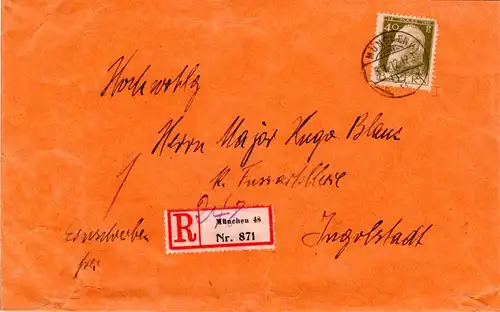 Bayern 1912, EF 40 Pfg. Type I auf Einschreiben Brief v. MÜNCHEN 48