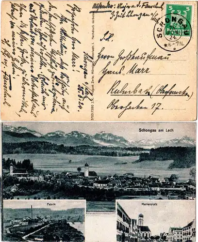 DR 1924, alter Bayern Resrvestpl. SCHONGAU R auf sw-AK m. 5 Pf.