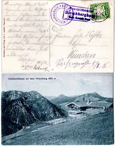 Bayern 1910, Posthilfstelle HIRSCHBERGHAUS Taxe Kreuth auf entspr. AK m. 5 Pf.