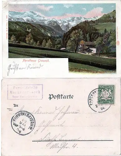 Bayern 1904, Posthilfstelle VORDERGRASECK Taxe Partenkirchen auf AK m. 5 Pf.