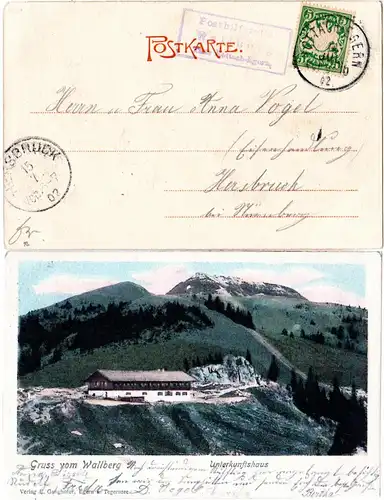 Bayern 1902, Posthilfstelle WALLBERG Taxe Rottach-Egern auf entspr. AK m. 5 Pf.