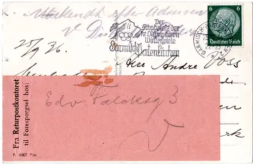 Dänemark 1936, Retour Etikett auf DR Postkarte v. Garmisch  n. Kopenhagen
