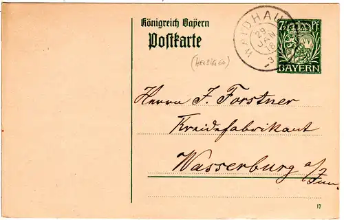 Bayern 1918, Reservestempel WAIDHAUS R auf Ganzsache n. Wasserburg