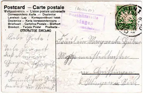 Bayern 1906, Posthilfstelle Ehingen Taxe Dettingen auf Karte m. 5 Pf.