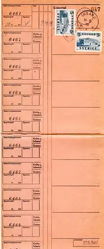 Schweden 1970, MeF 2x5 Kr. auf Postformular m. K1 INGARÖ