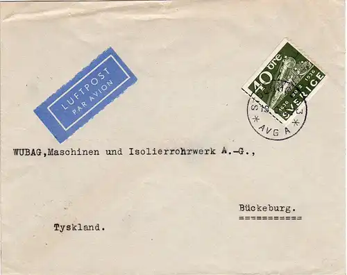 Schweden 1937, EF 40 öre Eisenbahn auf Luftpost Brief v. Stockholm