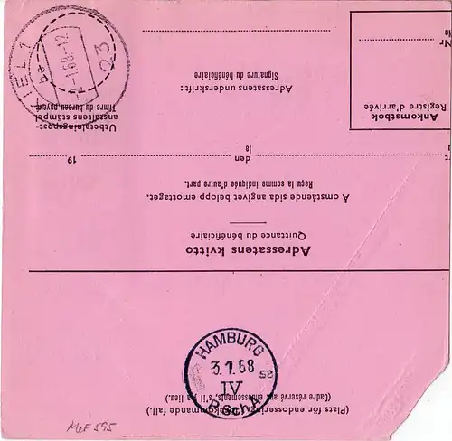 Schweden 1968, MeF Paar 70 öre auf Internationaler Postanweisung n. Kiel